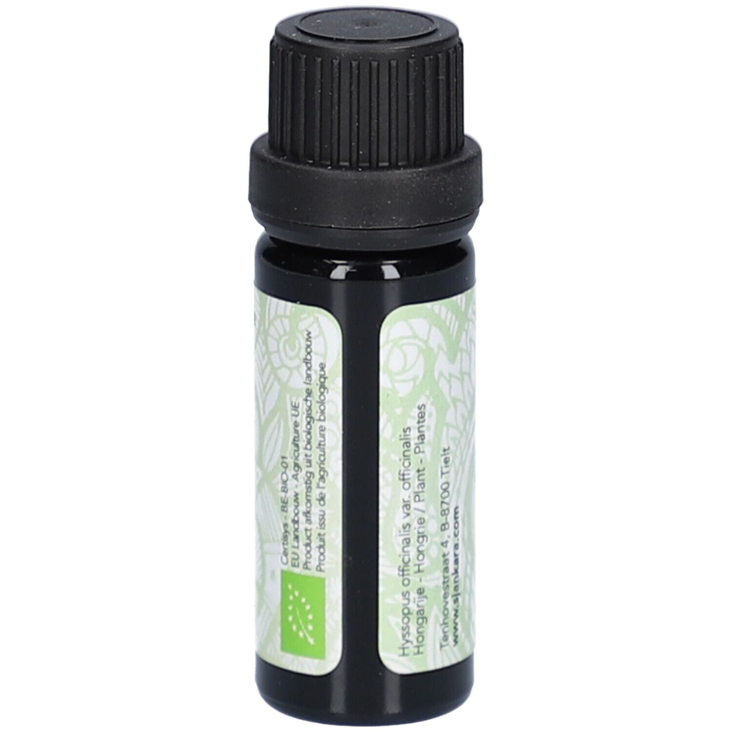 Flacon en verre brun avec bouchon noir. Étiquette avec informations et logo. Label bio UE.