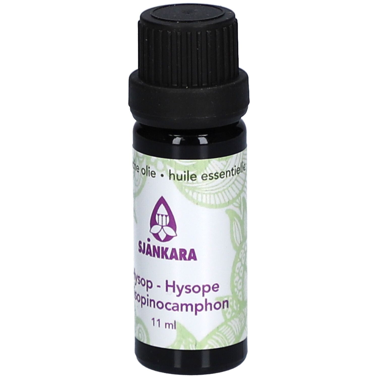 Flacon en verre brun avec bouchon noir. Étiquette avec nom, logo et texte. 11 ml.