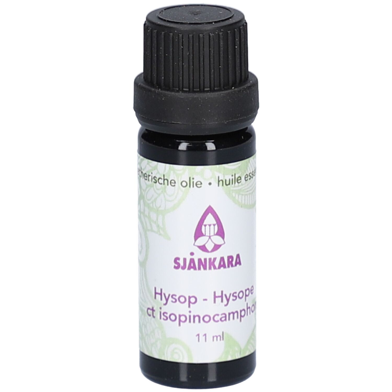 Flacon en verre brun avec bouchon noir. Étiquette avec nom, logo et texte. 11 ml.