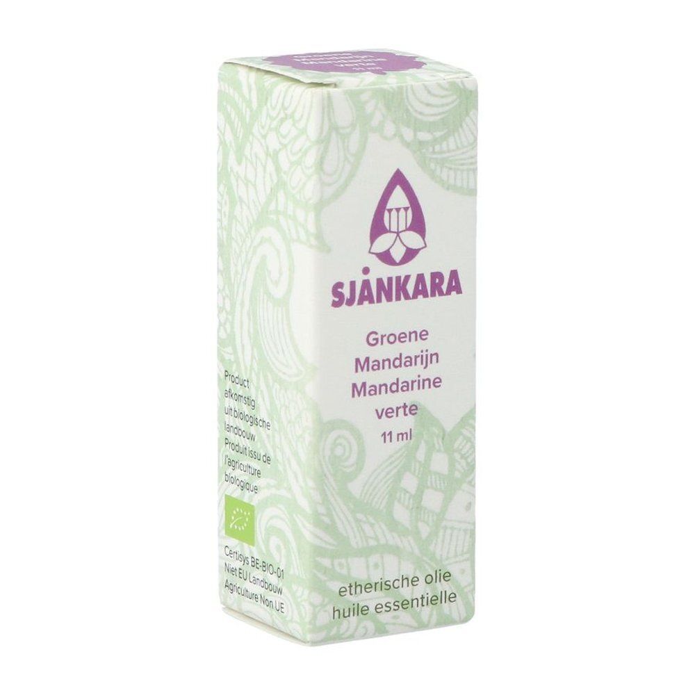 Emballage avec logo et texte: Groene Mandarijn, 11 ml. Motif vert et blanc. Certification bio.