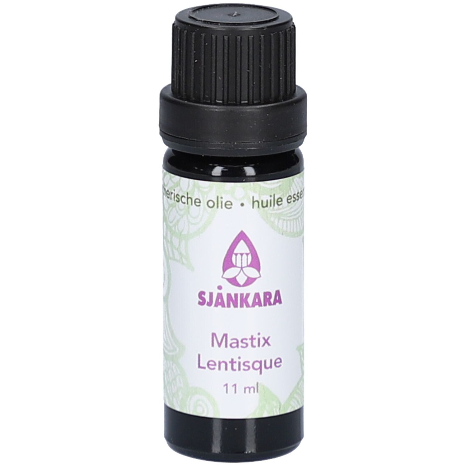 Flacon en verre brun avec bouchon noir. Étiquette avec texte: Sjankara, Mastix Lentisque, 11 ml, etherische olie, huile essentielle.