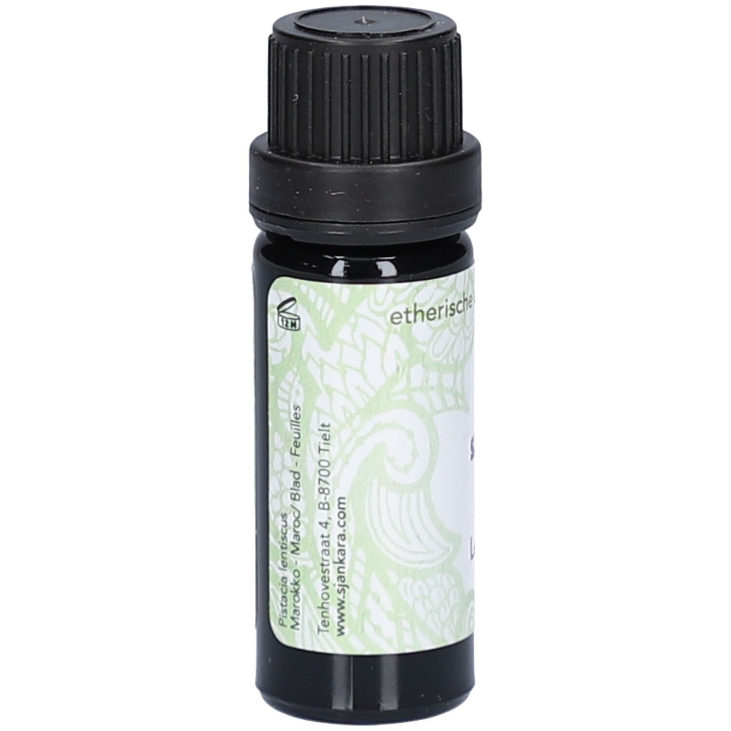 Flacon en verre brun avec bouchon noir. Étiquette avec texte: etherische olie, Sjankara, Mastix Lentisque, 11 ml.