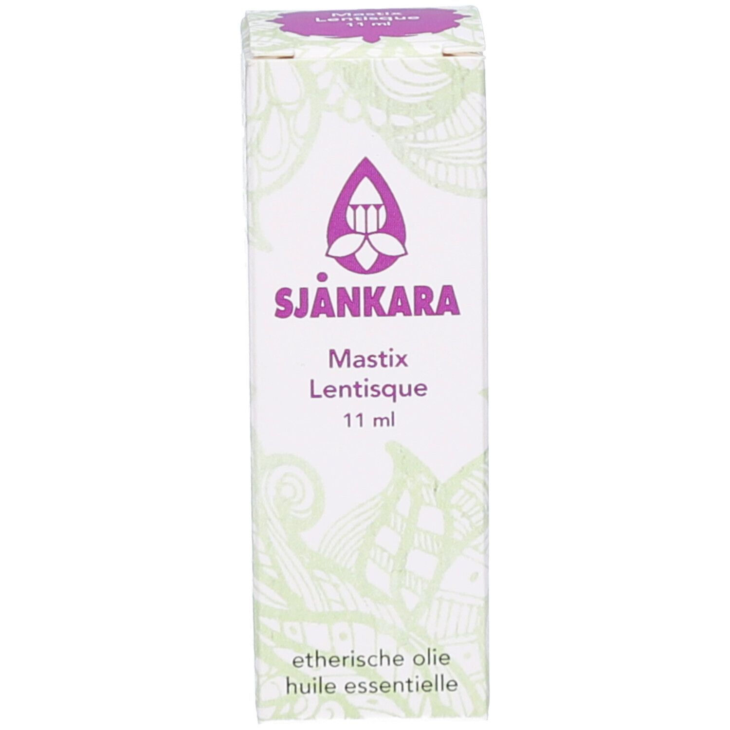 Boîte avec texte: Sjankara, Mastix Lentisque, 11 ml, etherische olie, huile essentielle.