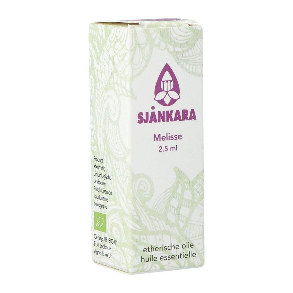 Emballage du produit. Marque Sjankara, Mélisse 2,5 ml. Texte: huiles essentielles.