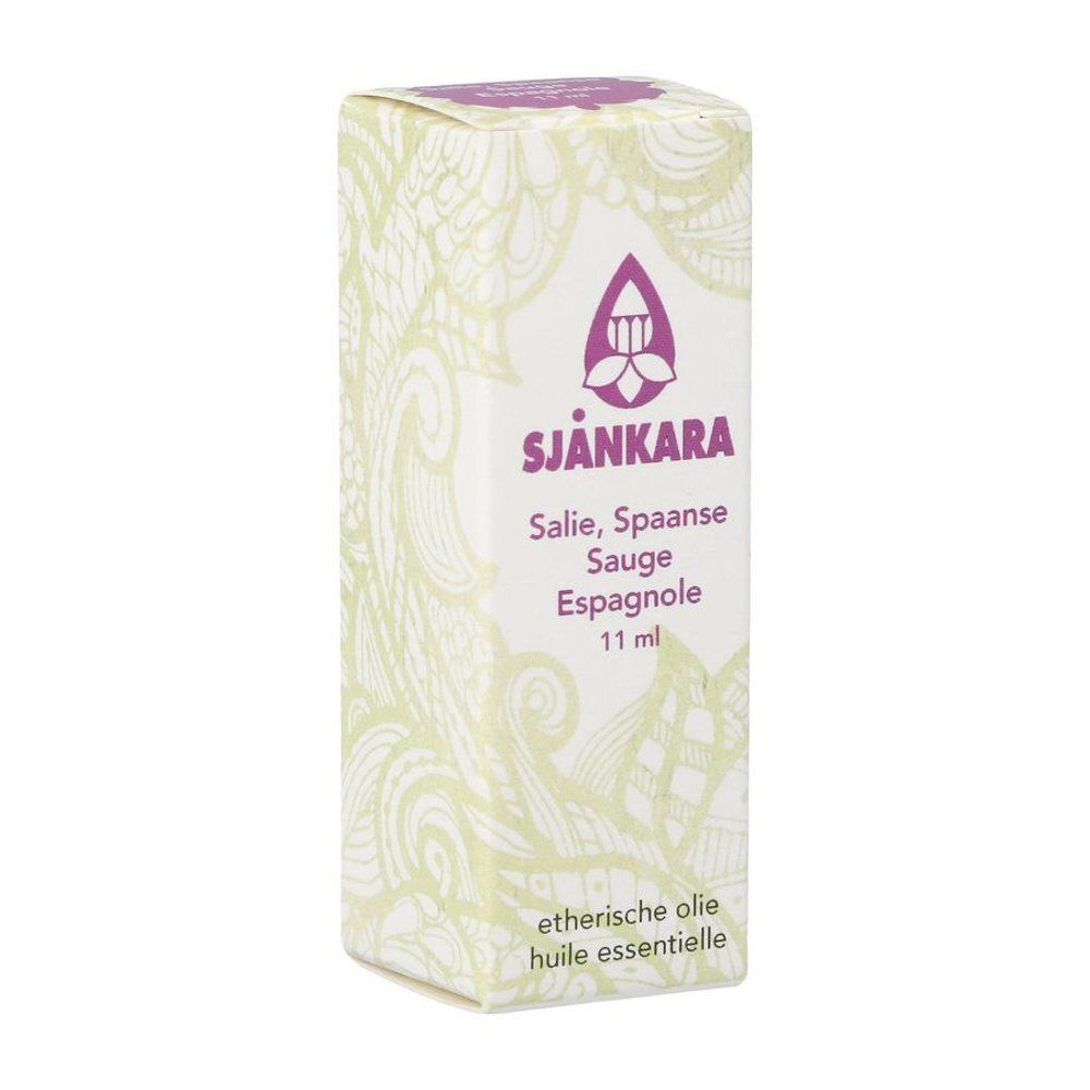 Boîte avec motif floral. Impression: Sjnkara, Salie, Sauge Espagnole, 11 ml. Texte: etherische olie, huile essentielle.