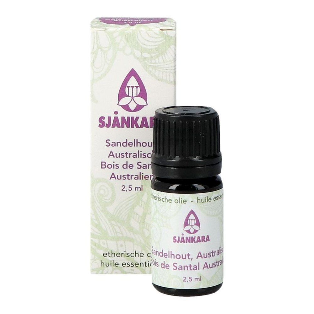 Flacon en verre brun avec bouchon noir. Étiquette avec logo et texte. 2,5 ml. Huile essentielle.