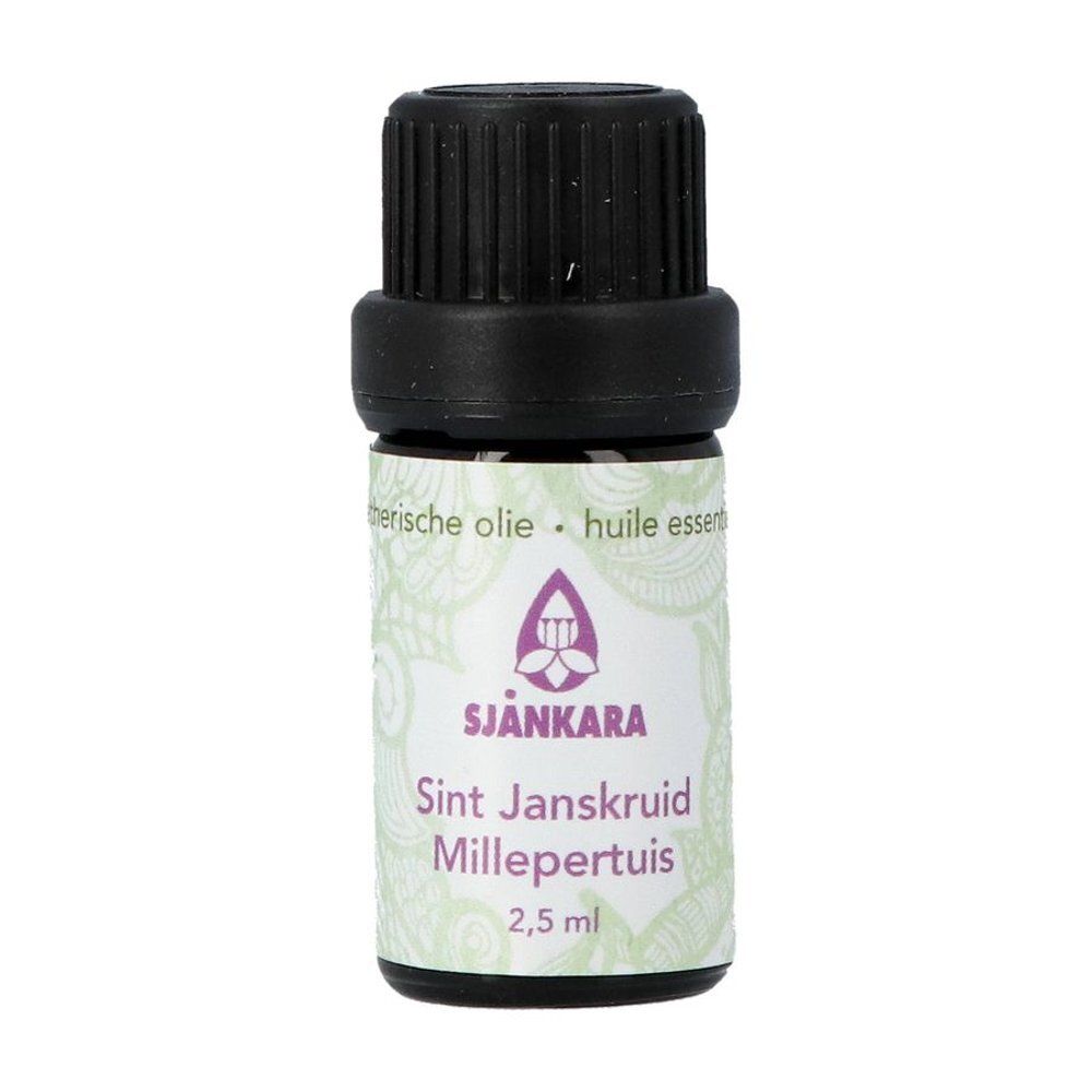 Flacon en verre brun avec bouchon noir. Étiquette avec logo et texte : Sint Janskruid Millepertuis, 2,5 ml.