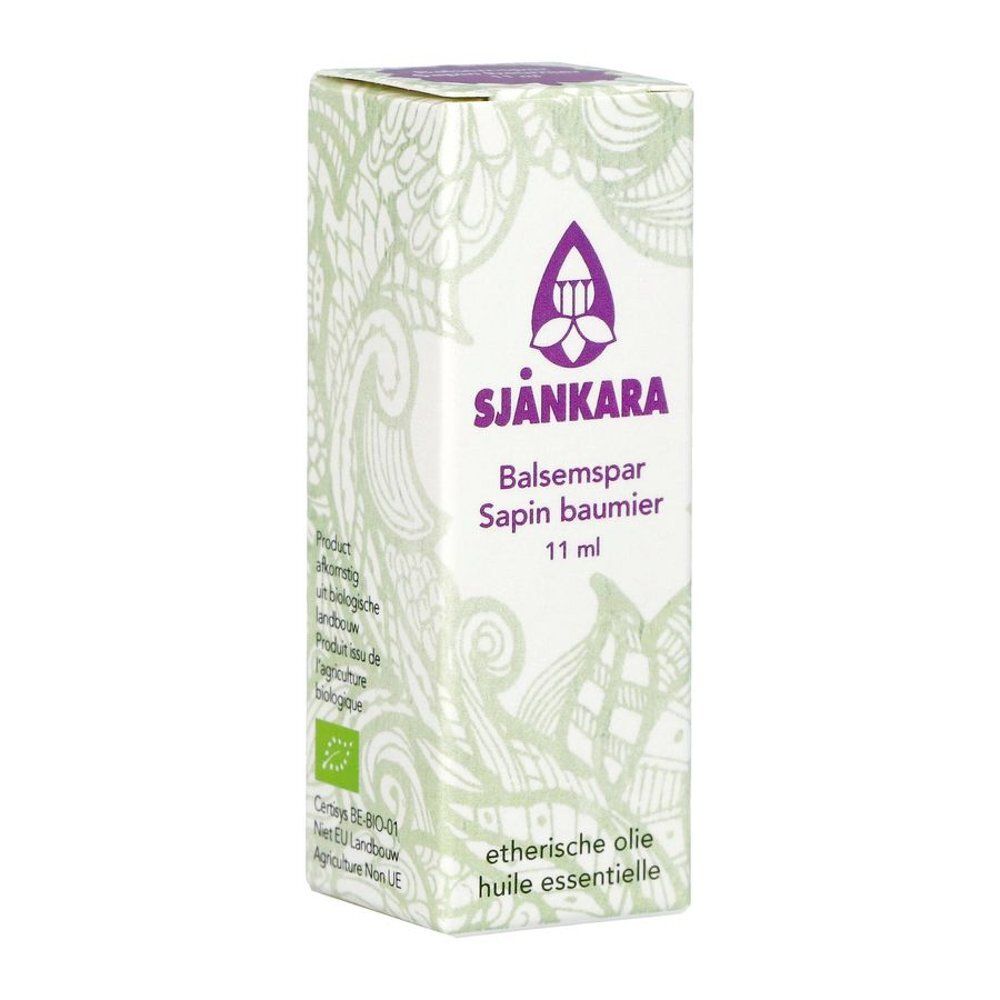 Boîte avec motif floral et logo. Inscription: SJANKARA, Balsamspar, Sapin baumier, 11 ml. Avec label bio.