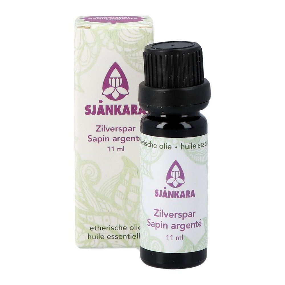 Flacon d'huile essentielle et boîte. Inscription : SJANKARA, Zilverspar Sapin argenté, 11 ml.
