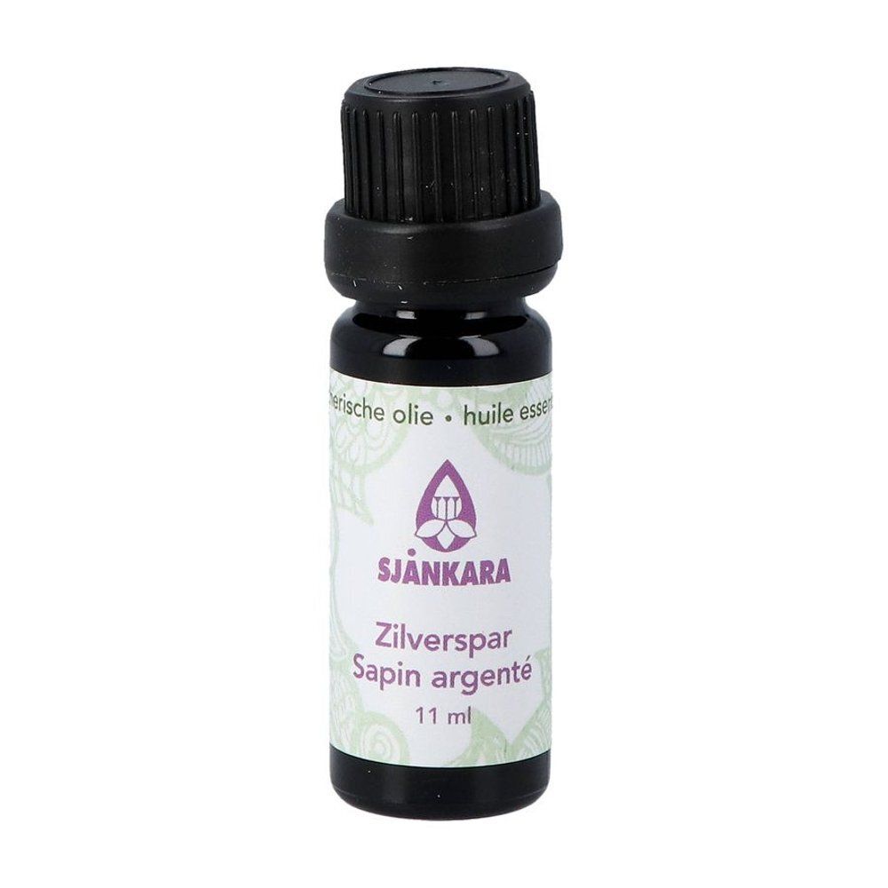 Flacon d'huile essentielle. Inscription : SJANKARA, Zilverspar Sapin argenté, 11 ml.