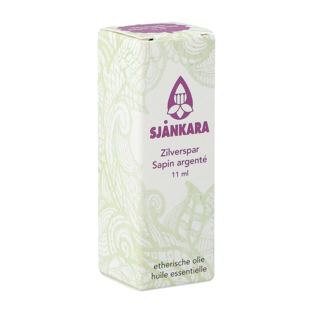 Boîte d'huile essentielle. Inscription : SJANKARA, Zilverspar Sapin argenté, 11 ml.