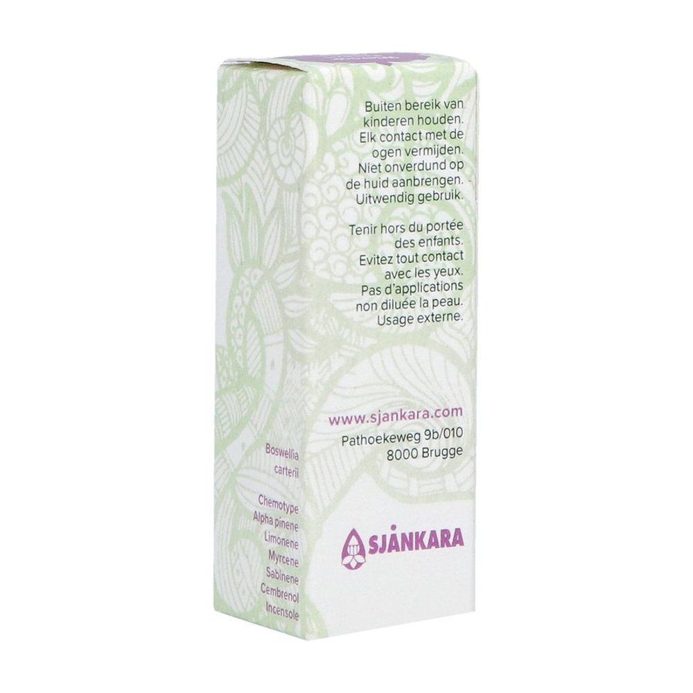 Emballage du produit avec texte et logo. Sur l'emballage: Wierook, Encens, Oliban, 11 ml. Logo violet.