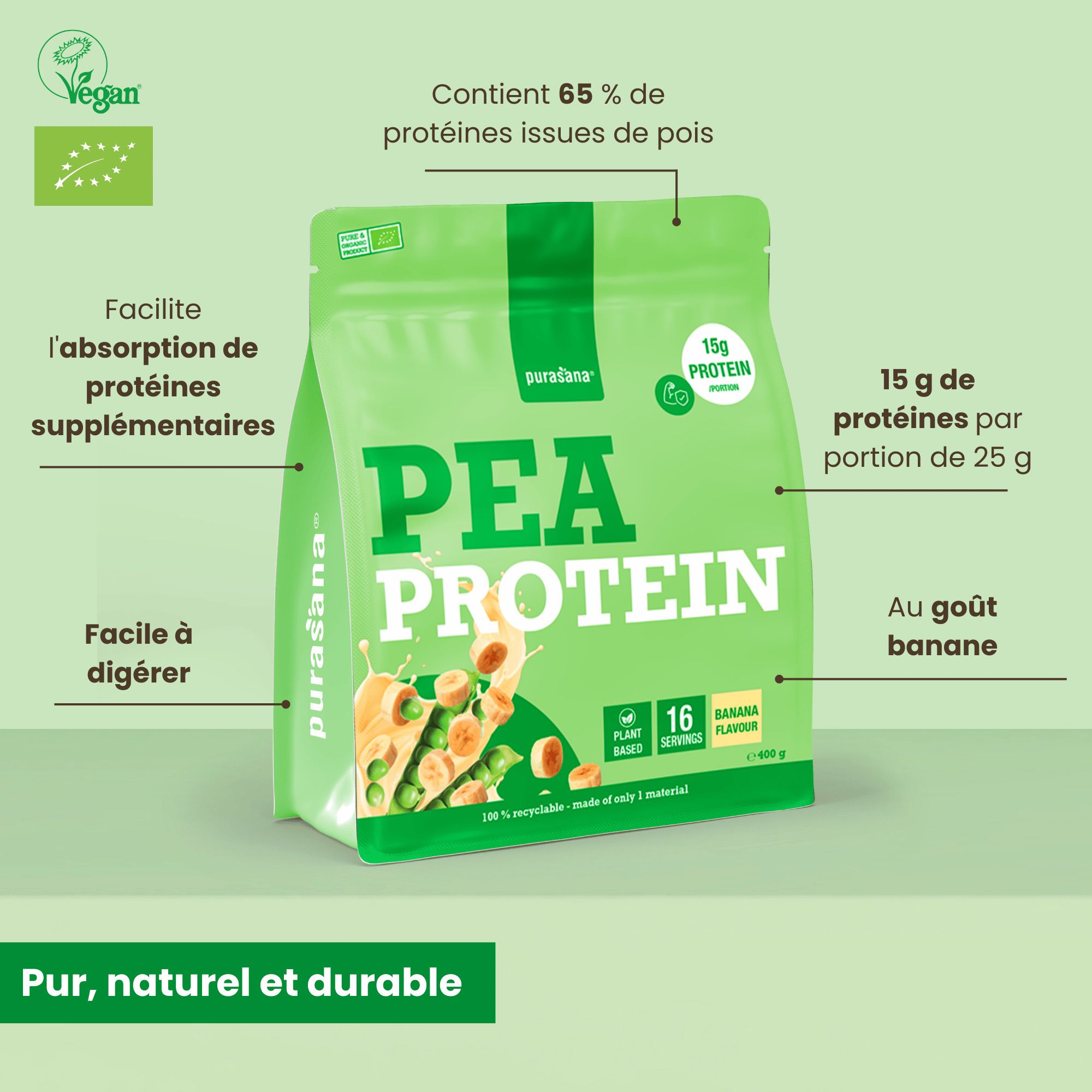 Sachet Purasana Protéine de Pois Banane avec mises en avant des valeurs nutritionnelles et avantages.