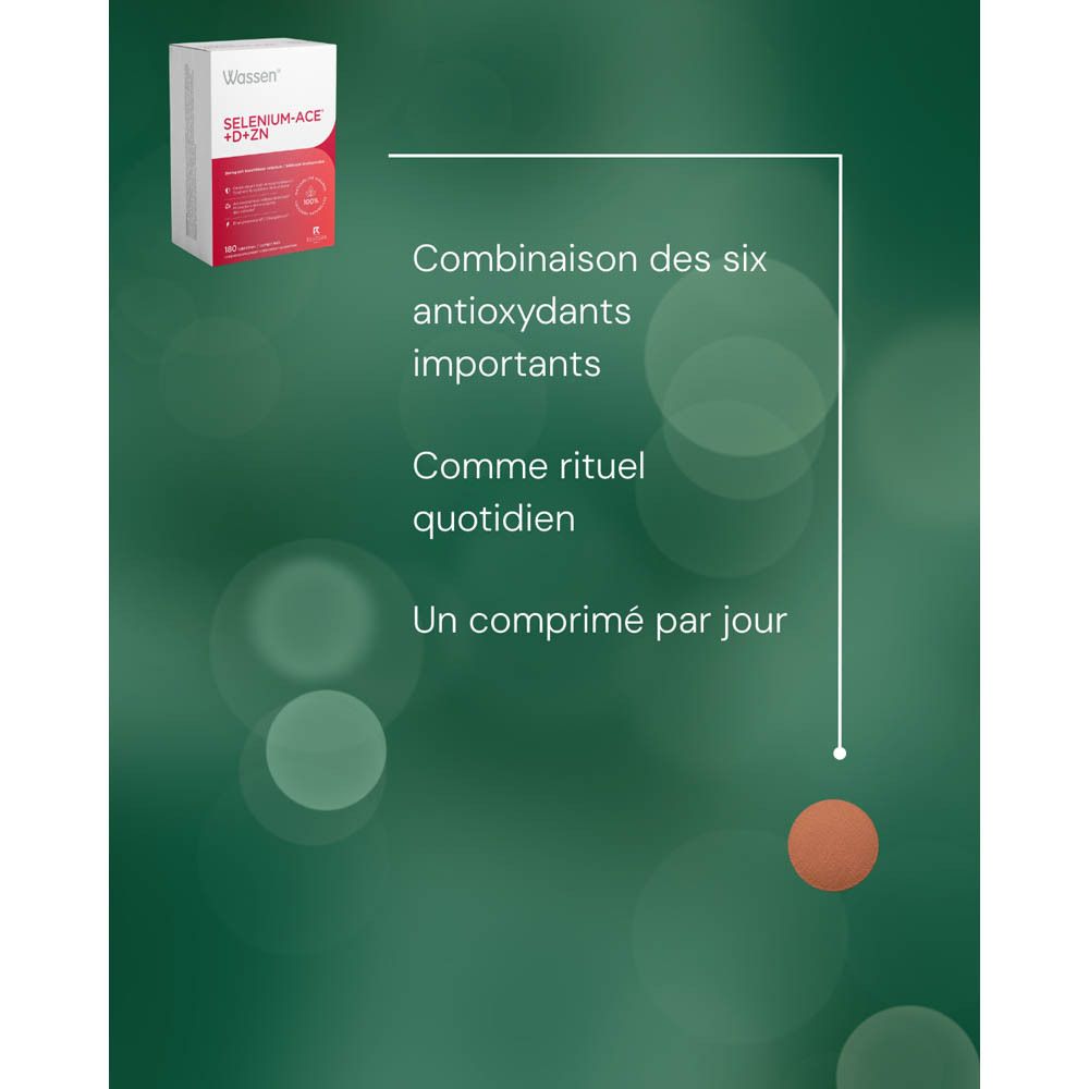 Arrière de l'emballage Wassen SELENIUM-ACE +D+ZN avec instructions d'utilisation et ingrédients.