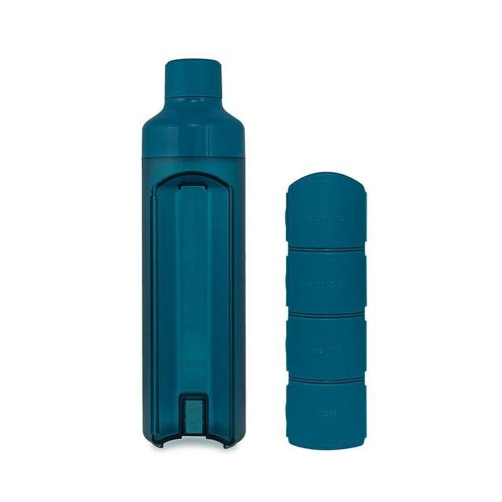 Bouteille d'eau bleue et pilulier démontable côte à côte.
