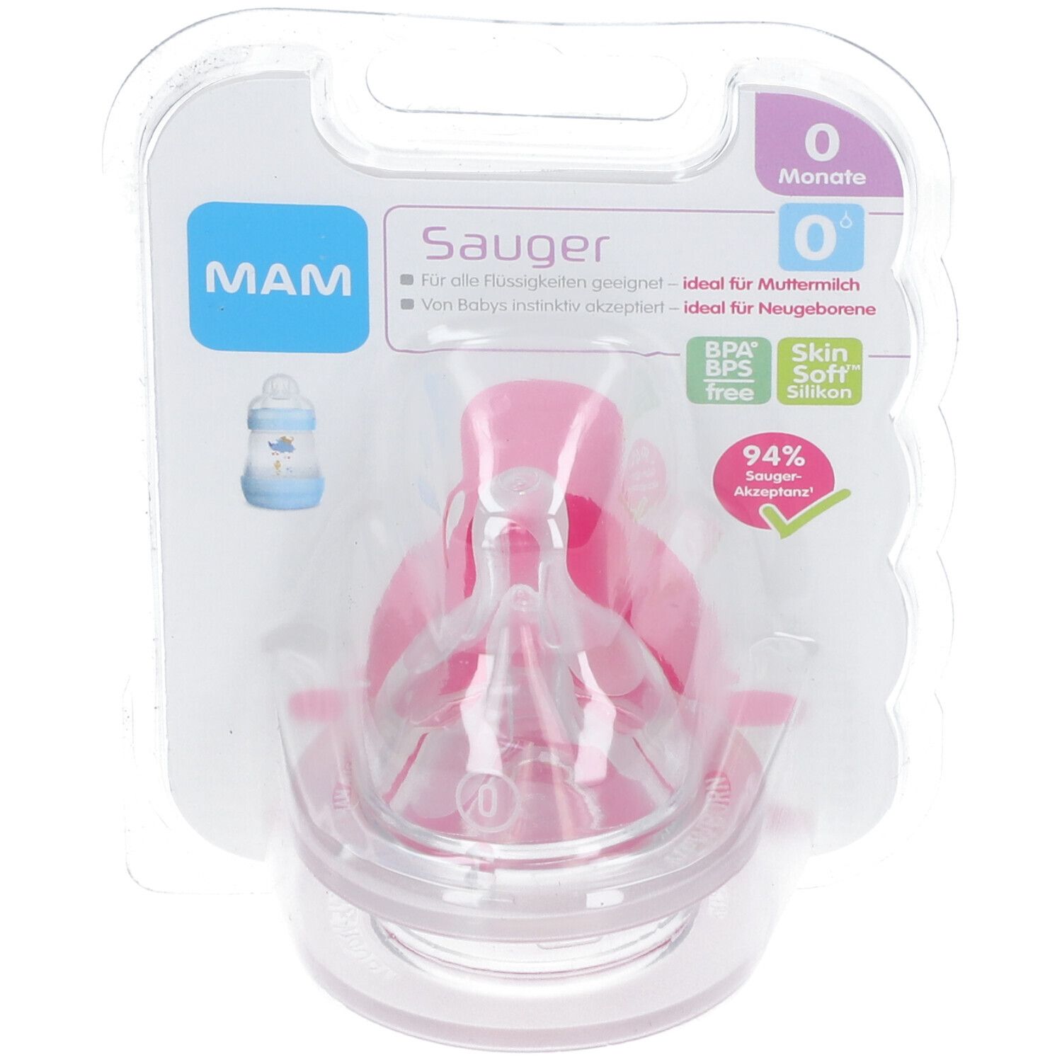Tétine MAM en silicone taille 0, emballage blister. Tétine rose avec partie transparente. Sans BPA/BPS. Pour 0 mois.