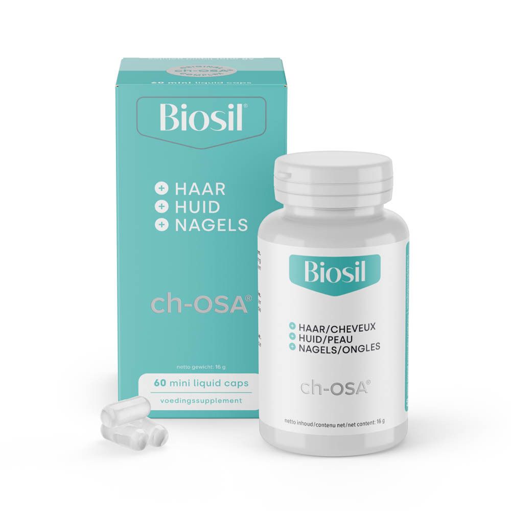 Emballage du produit avec flacon et boîte. Inscription : Biosil, Collagen Generator, ch-OSA, 60 liquid capsules.