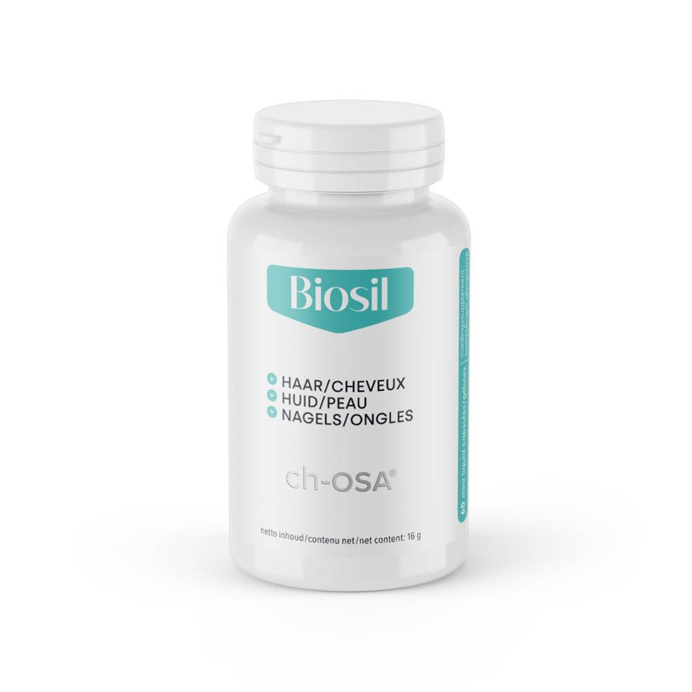 Emballage du produit avec flacon et boîte. Inscription : Biosil, Collagen Generator, ch-OSA, 60 liquid capsules.