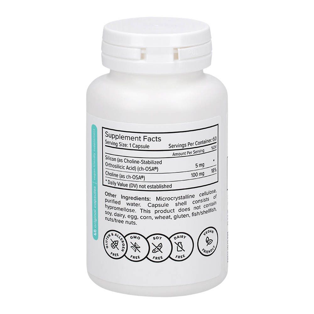 Flacon blanc avec étiquette bleue. Inscription : Biosil, Collagen Generator, ch-OSA.