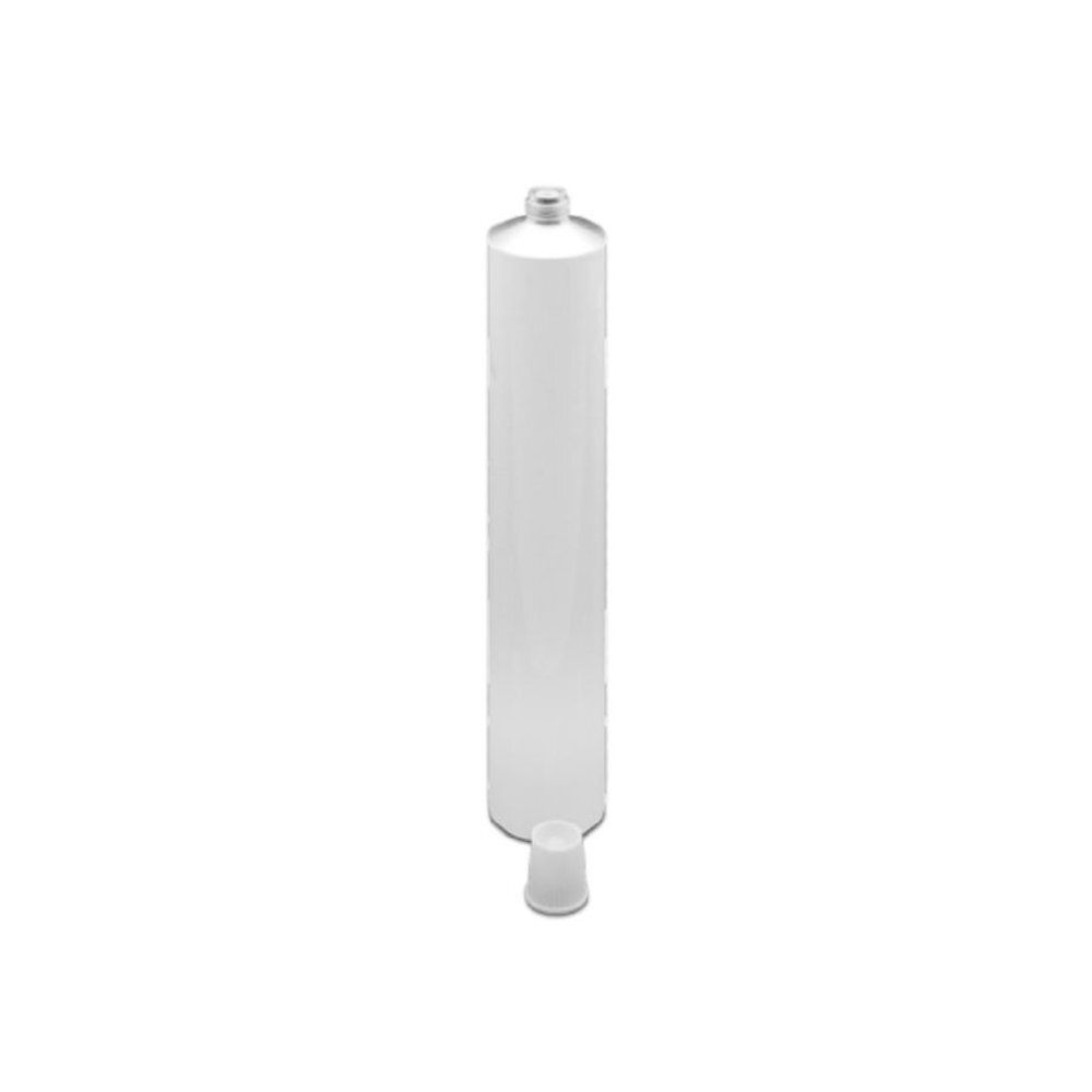 Tube blanc en aluminium vide avec bouchon blanc.