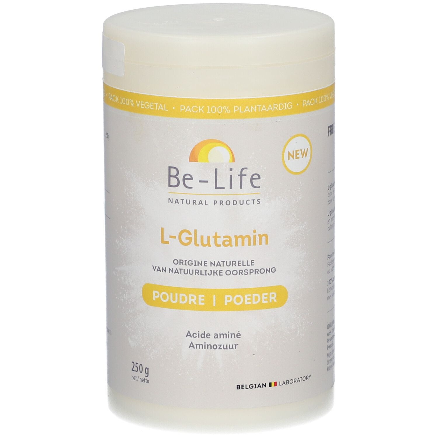 Pot de poudre L-Glutamine Be-Life. Récipient blanc avec accents jaunes. Inscription : L-Glutamine, Poudre/Poeder, 250g.