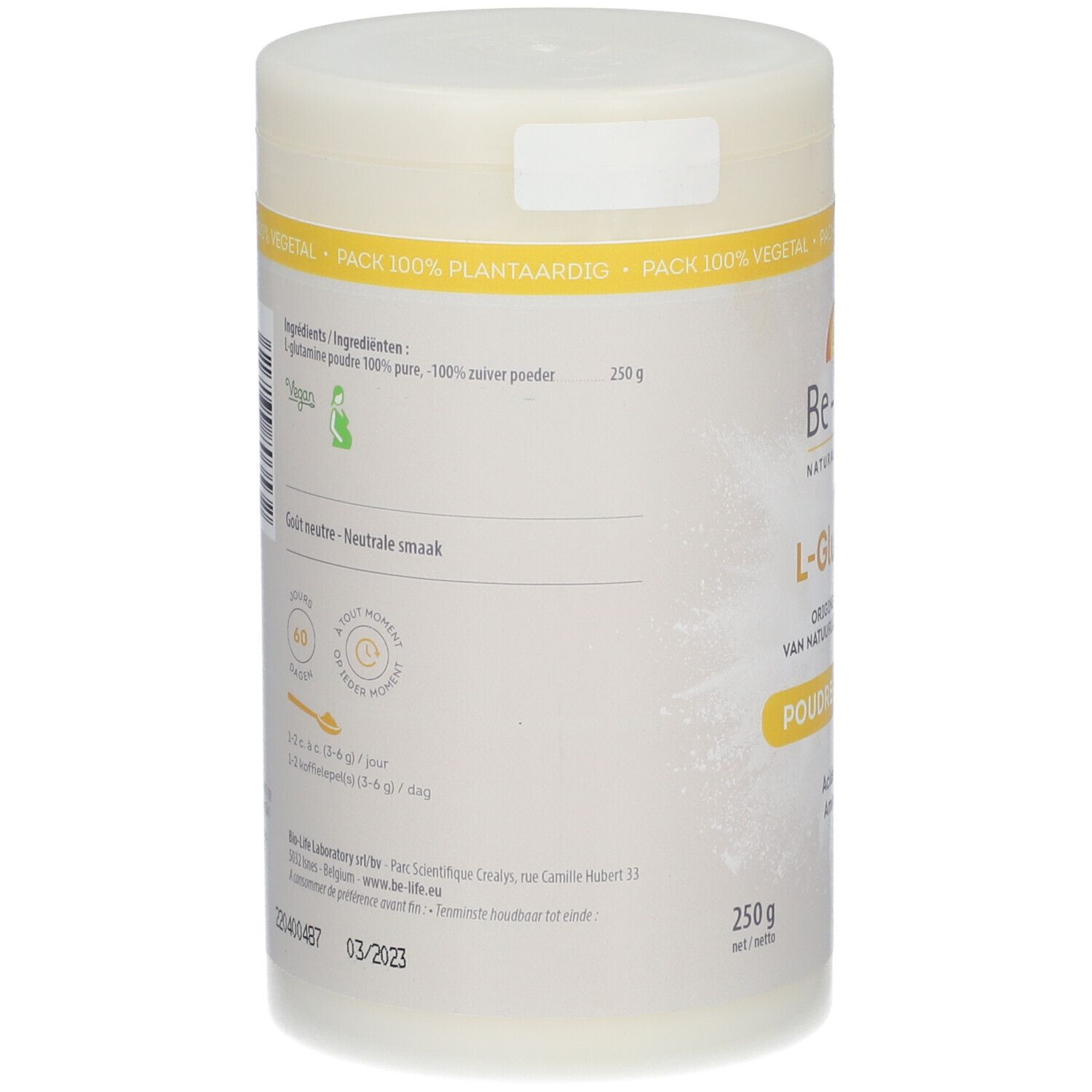 Dos du pot Be-Life L-Glutamine. Contient des informations sur les ingrédients, le logo Vegan, la posologie et l'adresse du fabricant.