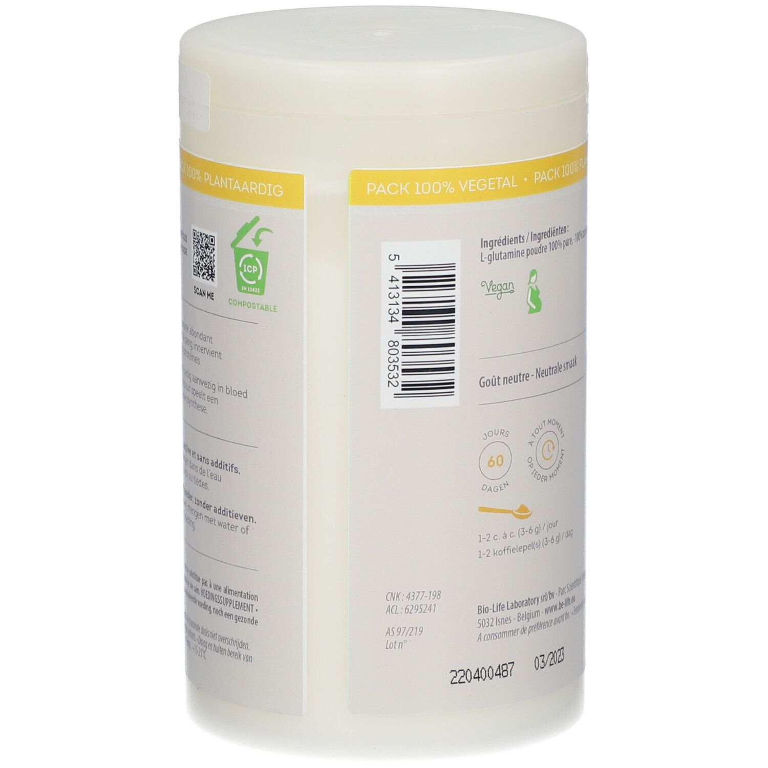 Dos du pot Be-Life L-Glutamine. Contient des informations sur les ingrédients, le logo Vegan, la posologie et l'adresse du fabricant.