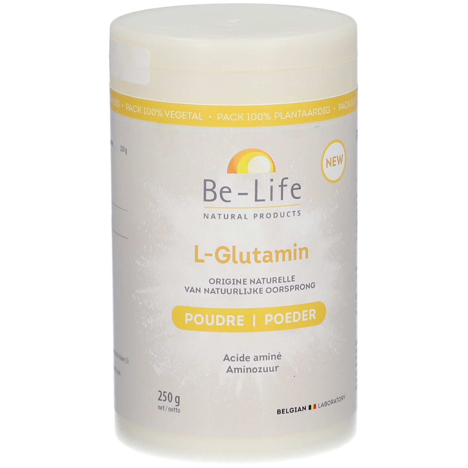 Pot de poudre L-Glutamine Be-Life. Récipient blanc avec accents jaunes. Inscription : L-Glutamine, Poudre/Poeder, 250g.