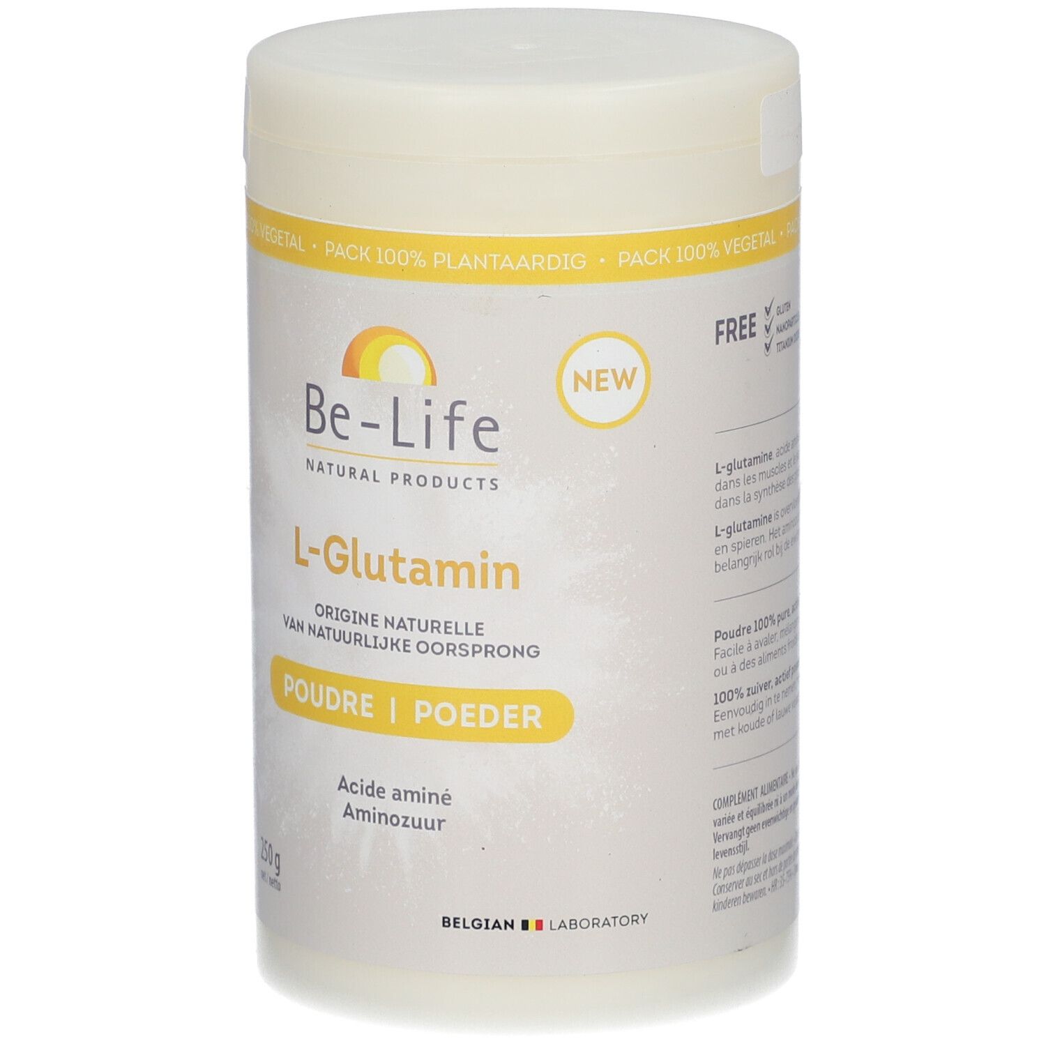 Pot de poudre L-Glutamine Be-Life. Récipient blanc avec accents jaunes. Inscription : L-Glutamine, Poudre/Poeder, 250g.