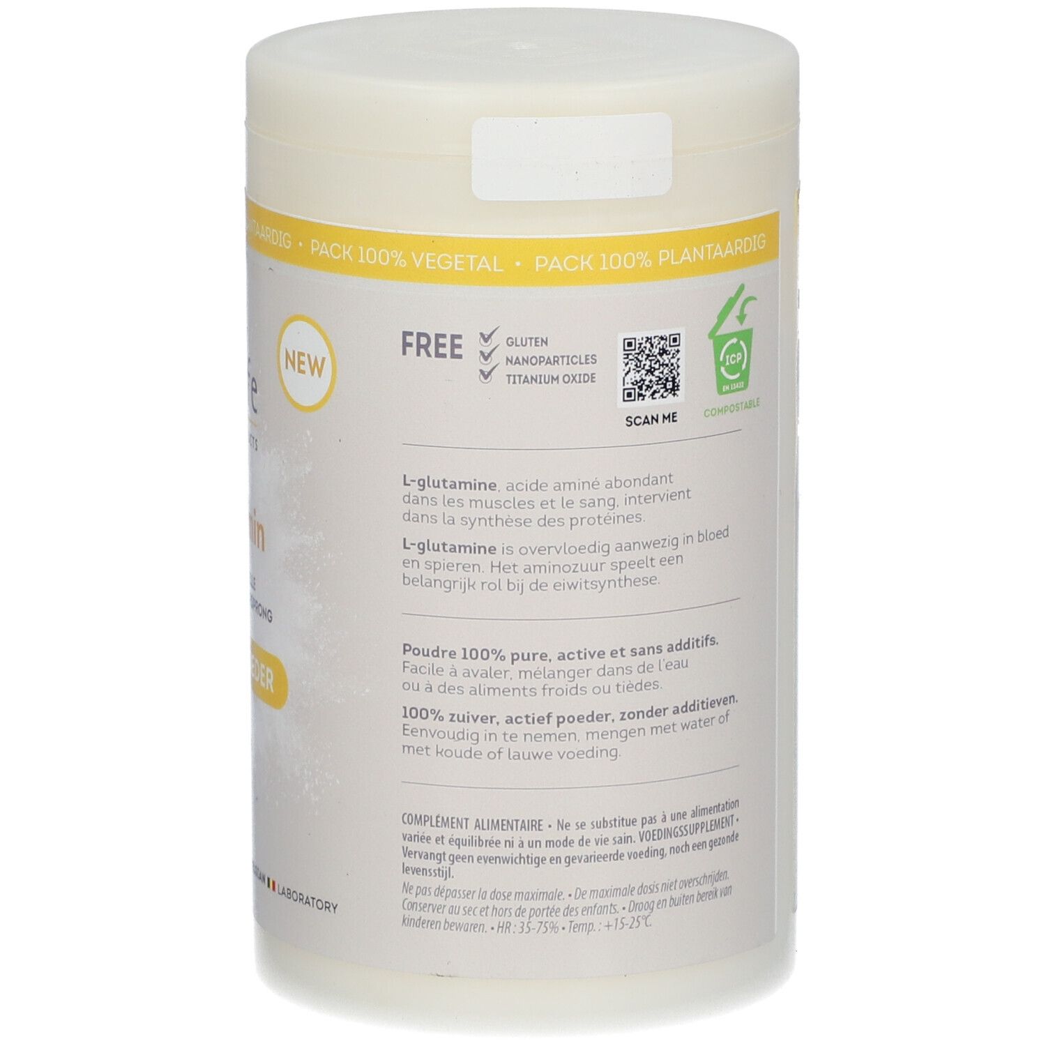 Dos du pot Be-Life L-Glutamine. Contient des informations sur les ingrédients, le logo Vegan, la posologie et l'adresse du fabricant.