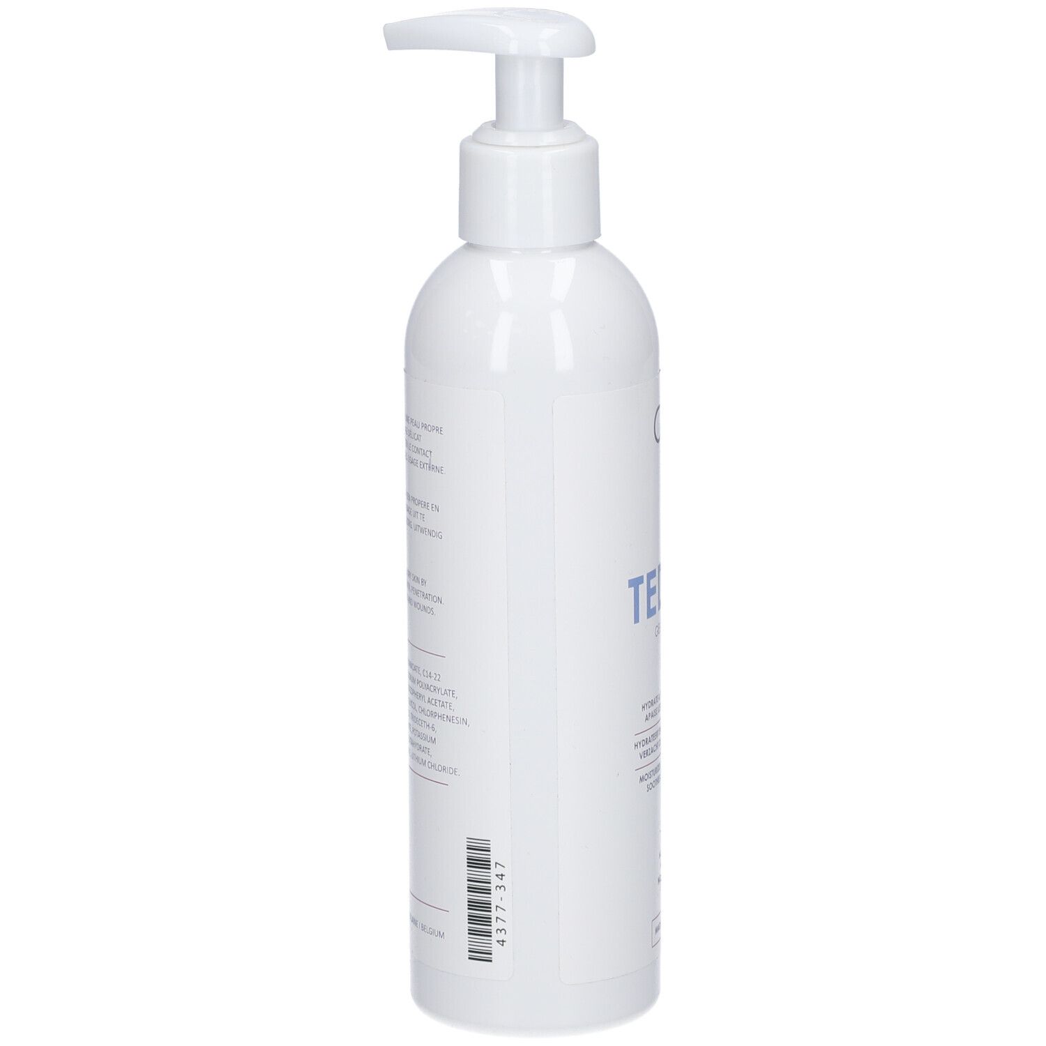 Flacon blanc avec pompe. Dos avec texte. Logo OLYS Pharma. Ingrédients, mode d'emploi. Fabriqué en Belgique.