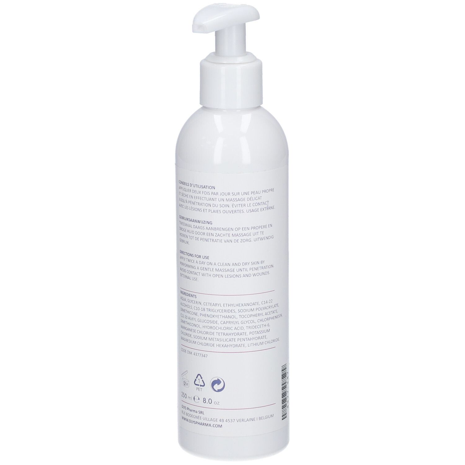 Flacon blanc avec pompe. Inscription TEDRA GEL-CREME. Logo OLYS Pharma. Texte : Hydrate, apaise, adoucit. Non gras.