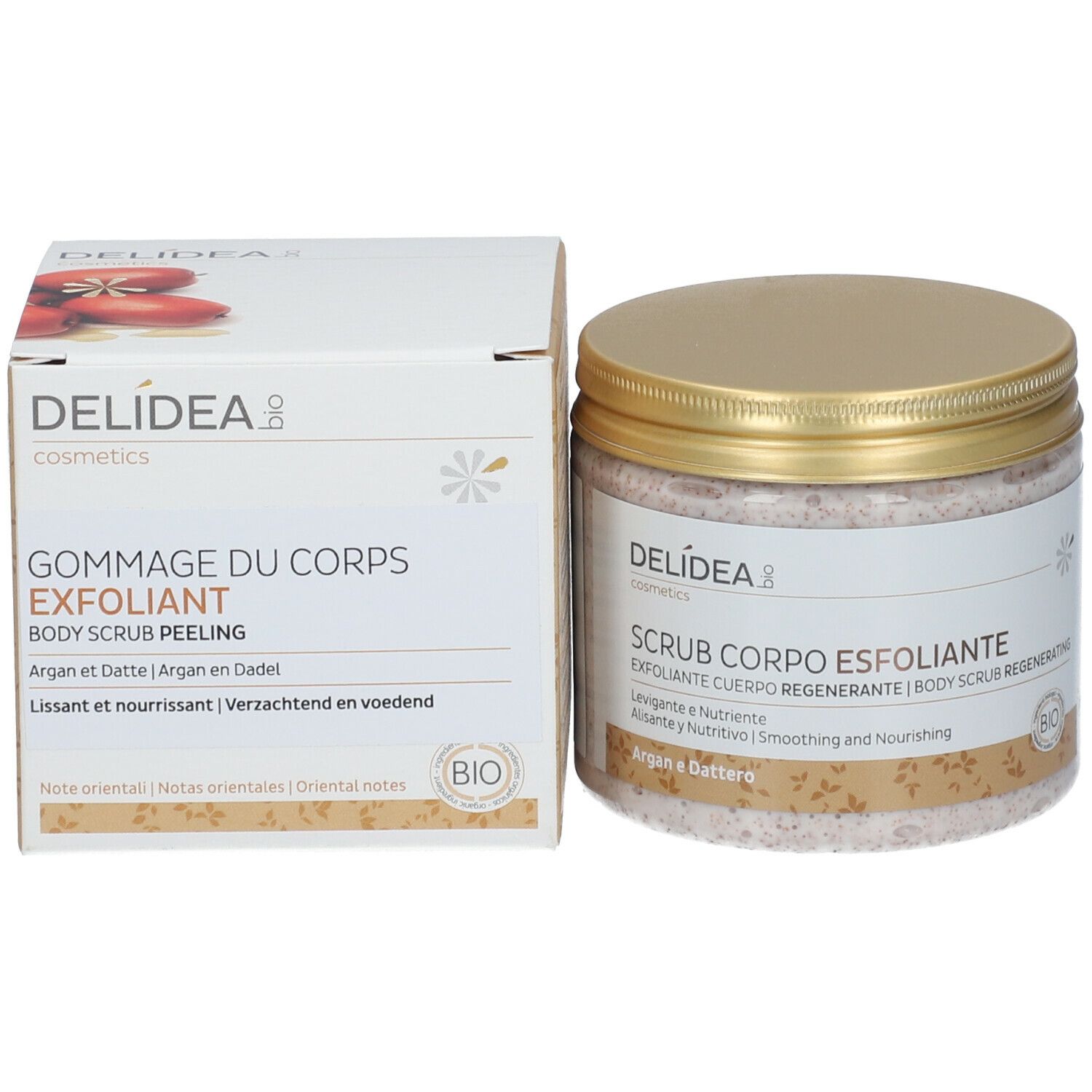 Emballage et pot avec couvercle doré. Inscription Delidea, Gommage du Corps Exfoliant. Label Bio.
