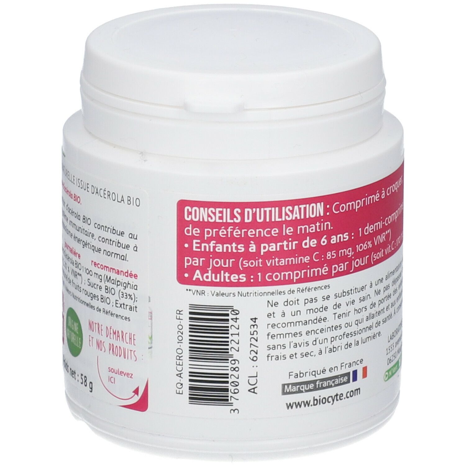 Dos du pot blanc BIOCYTE Acerola. Conseils d'utilisation, ingrédients, informations fabricant. Poids net: 58 g.