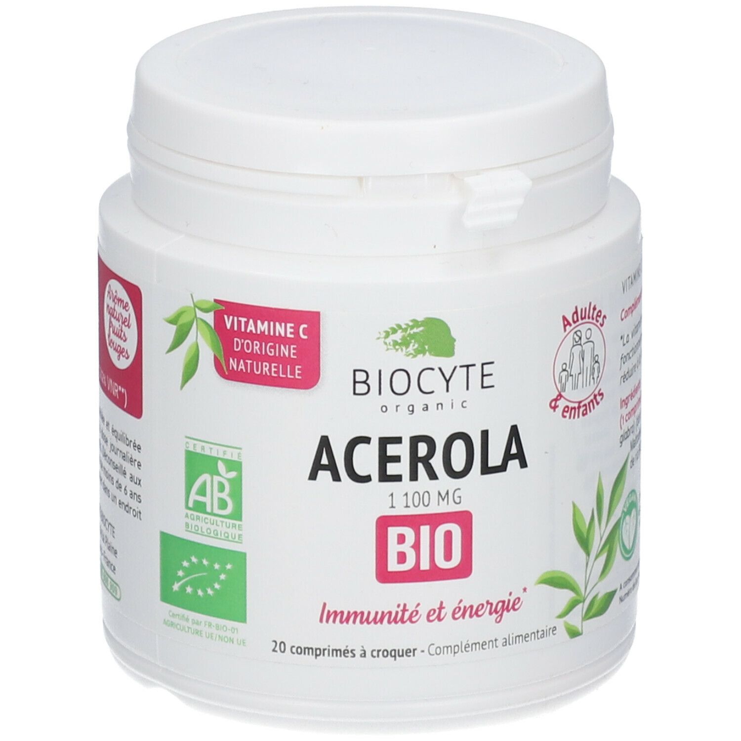 Pot blanc BIOCYTE Acerola. Inscription: 1100 mg, BIO, Immunité et énergie. 20 comprimés à croquer. Label AB Bio.