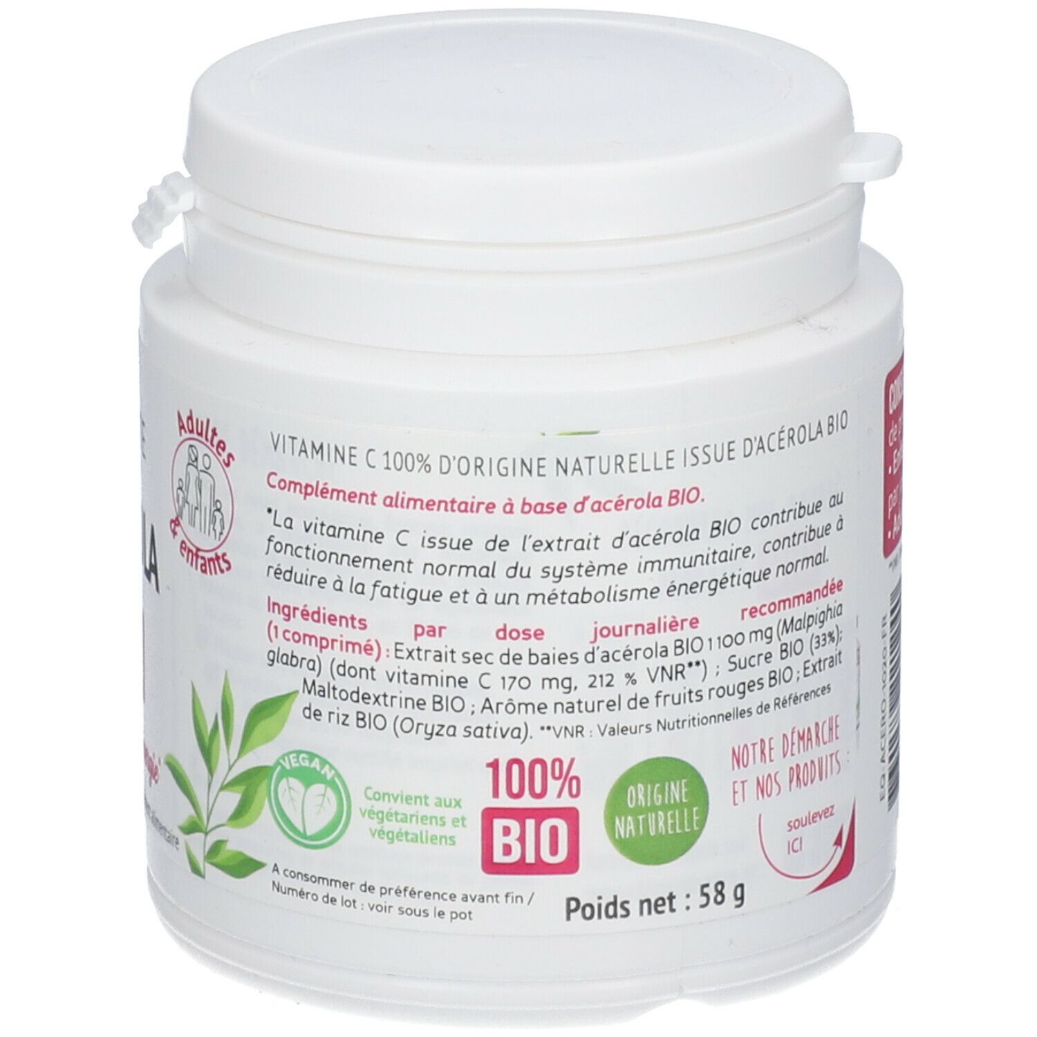 Dos du pot blanc BIOCYTE Acerola. Ingrédients, conseils d'utilisation, label vegan, label bio. Poids net: 58 g.