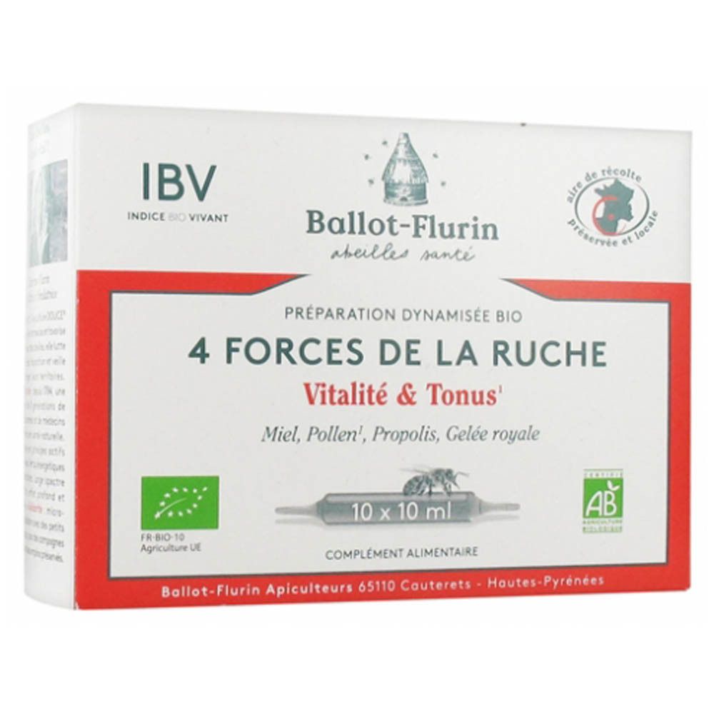 Boîte d'ampoules Ballot-Flurin. Inscription: 4 Forces de la Ruche, Vitalité & Tonus. 10 ampoules de 10 ml. Certification bio.