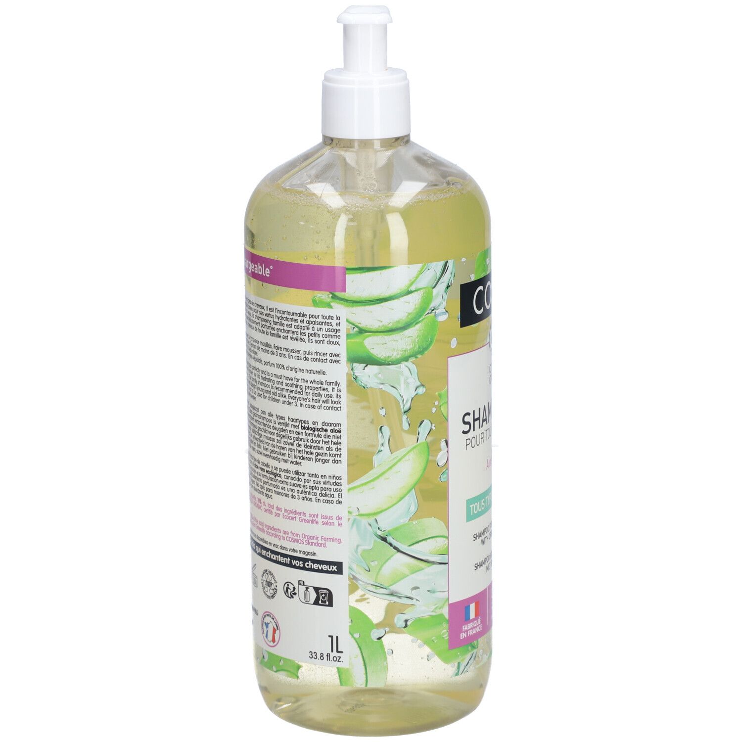 COSLYS® shampooing familial aloe vera bio tous types de cheveux flacon pompe