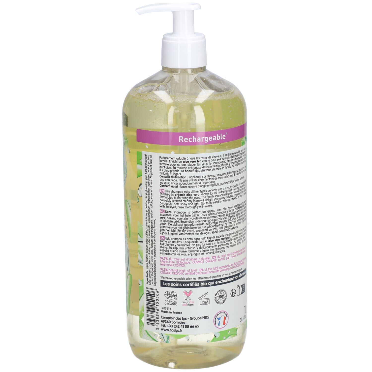 COSLYS® shampooing familial aloe vera bio tous types de cheveux flacon pompe
