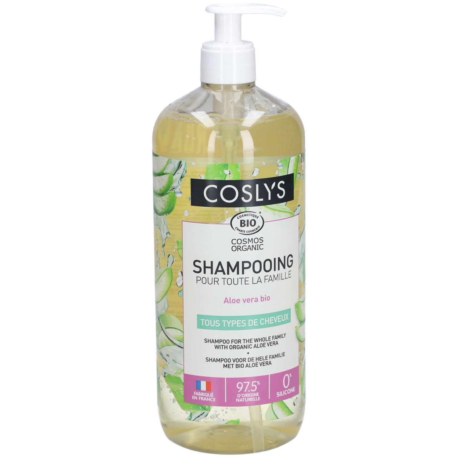 COSLYS® shampooing familial aloe vera bio tous types de cheveux flacon pompe