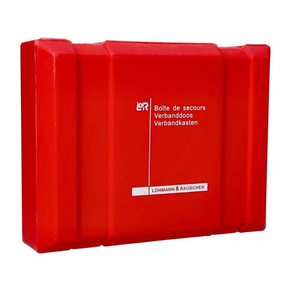 Boîte de secours rouge. Inscriptions : Boîte de secours, Verbanddoos, Verbandkasten. Logo et texte : LOHMANN & RAUSCHER.
