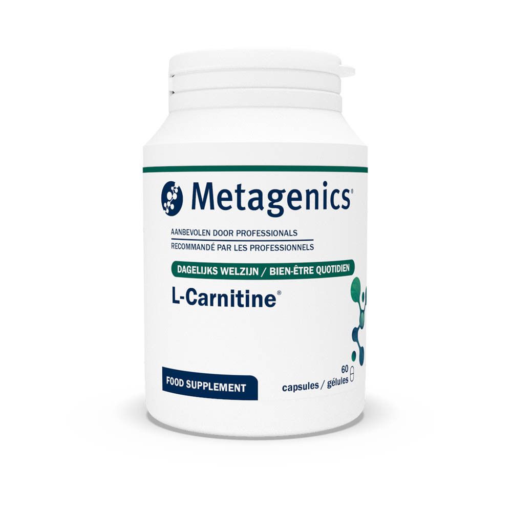 Metagenics L-Carnitine. Flacon blanc de gélules. Inscription : L-Carnitine, 60 gélules.