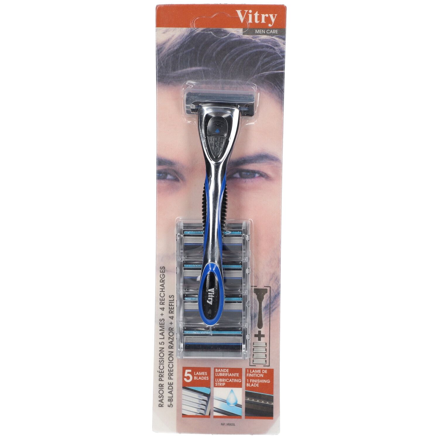 Rasoir de précision Vitry 5 lames avec 4 recharges. Manche argenté avec accents bleus.