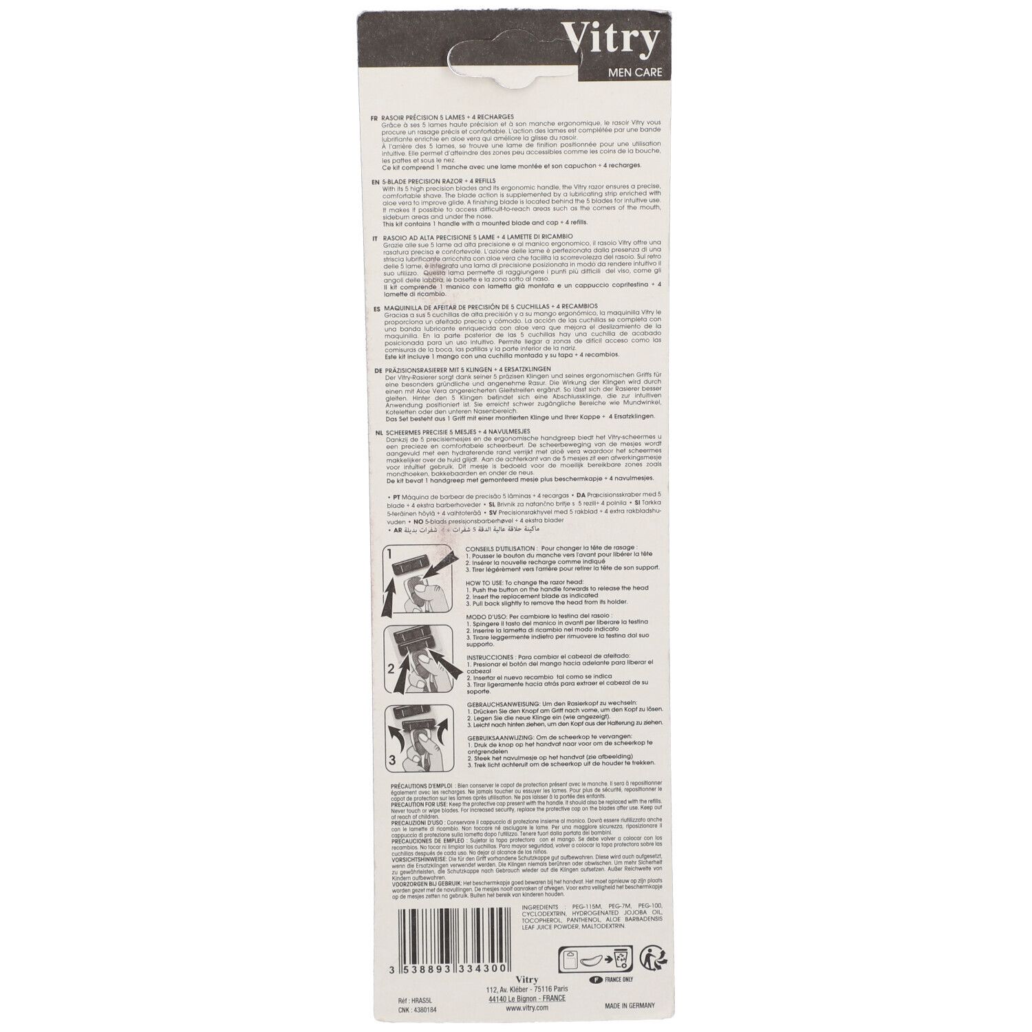 Arrière de l'emballage du rasoir de précision Vitry avec instructions d'utilisation et informations produit.