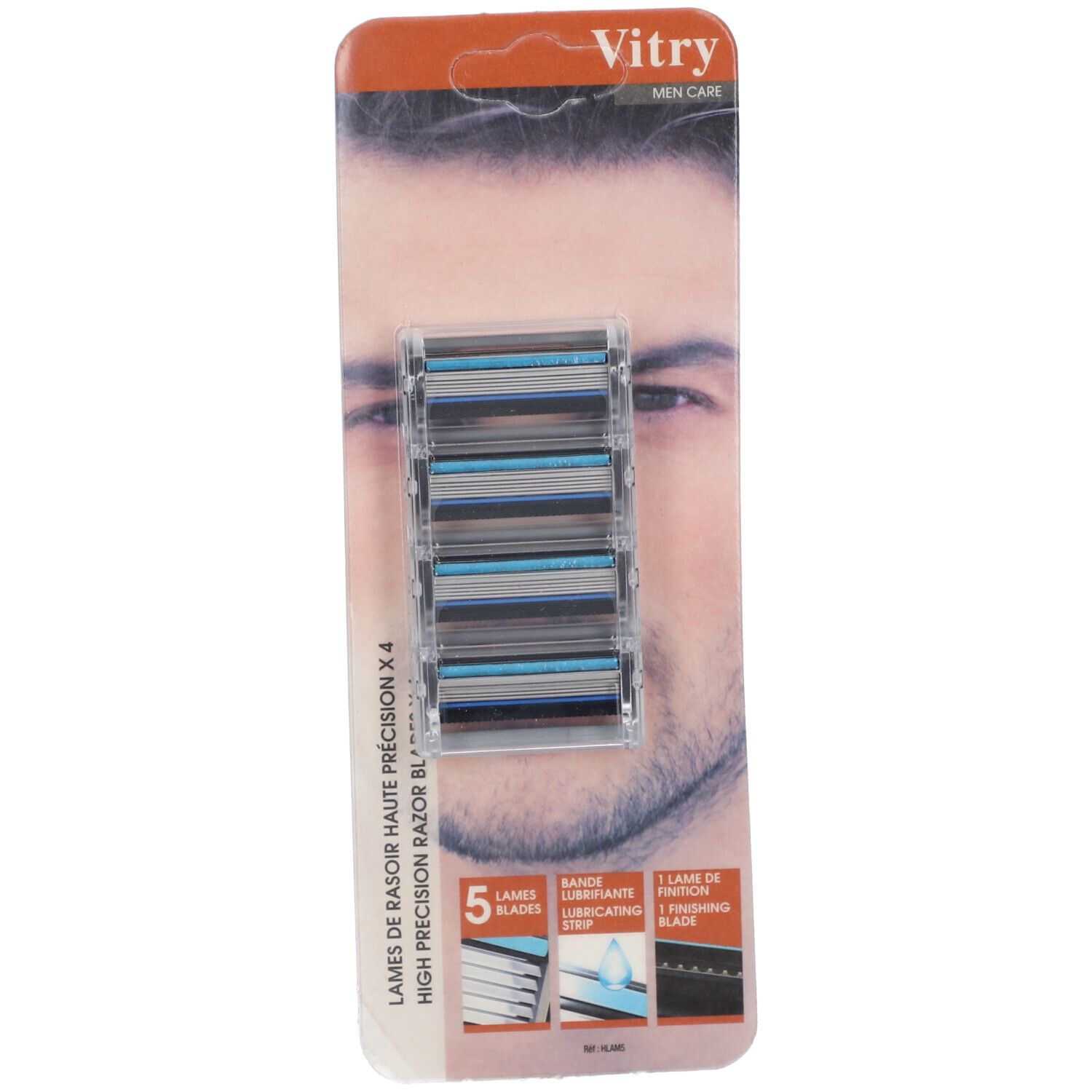 Pack de 4 recharges de lames de rasoir Vitry Men Care, 5 lames. Accents bleus et argentés.