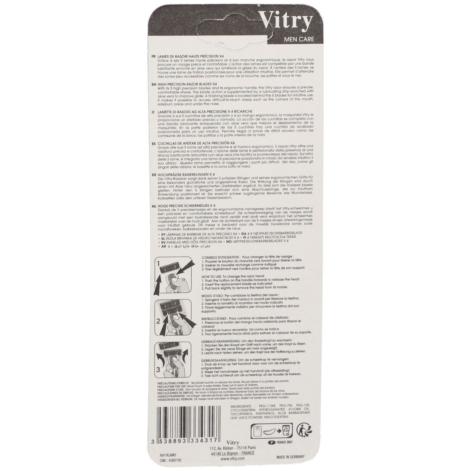 Dos de l'emballage des lames de rasoir Vitry Men Care avec instructions d'utilisation et informations produit.