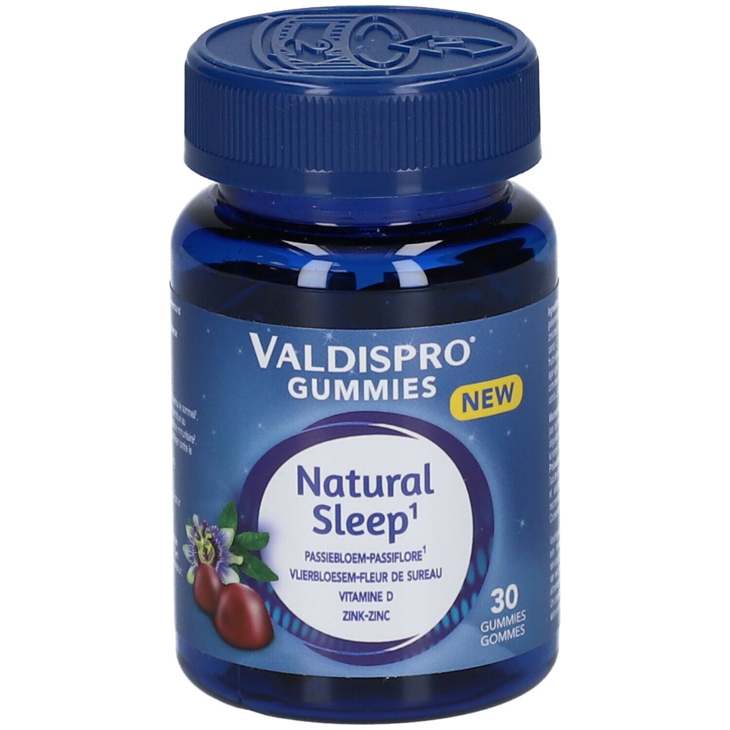 Flacon bleu de Valdispro Gummies Natural Sleep. Inscription: Natural Sleep, 30 gommes. Illustration florale.