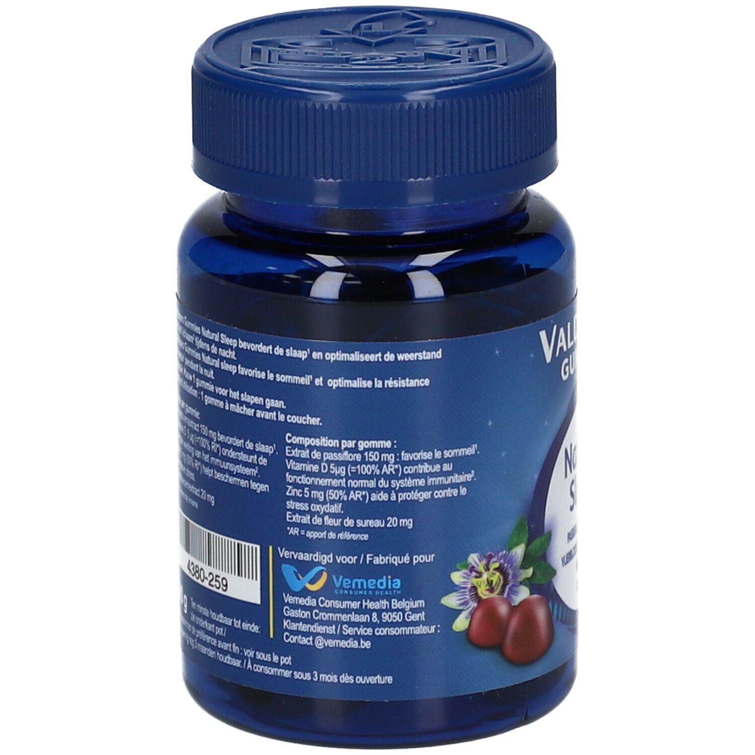 Dos du flacon bleu Valdispro Gummies. Informations textuelles, ingrédients et fabricant. Avec illustration florale.