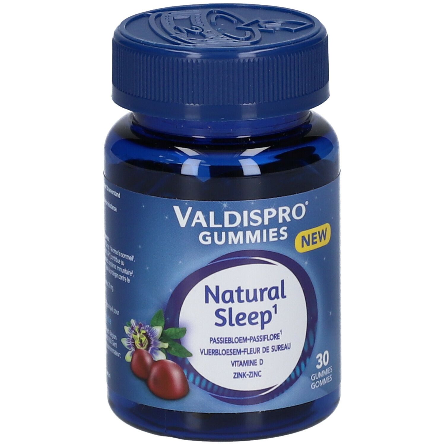 Flacon bleu de Valdispro Gummies Natural Sleep. Inscription: Natural Sleep, 30 gommes. Illustration florale.