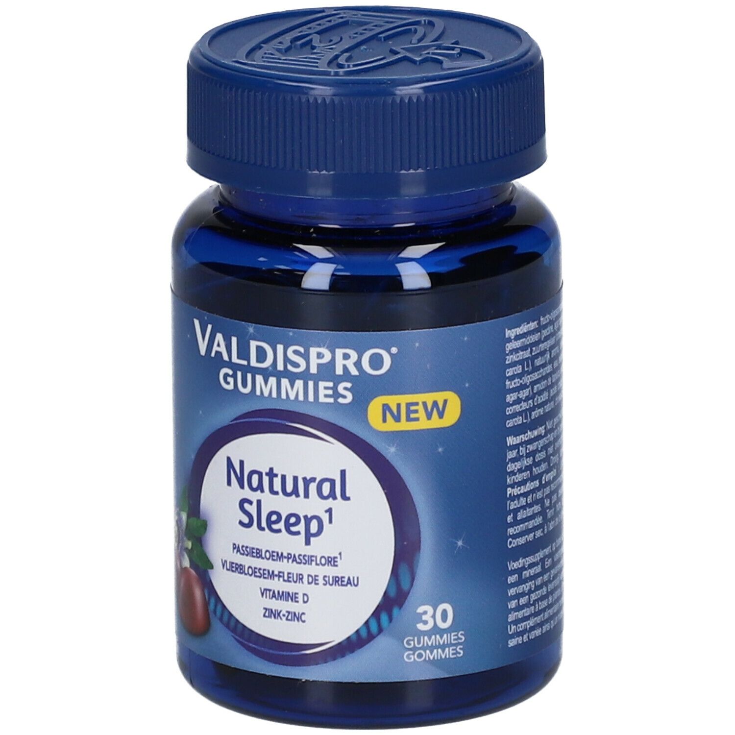 Flacon bleu de Valdispro Gummies Natural Sleep. Inscription: Natural Sleep, 30 gommes. Illustration florale.